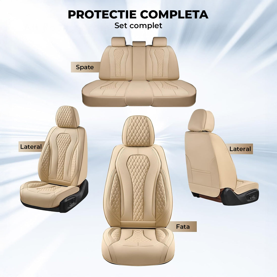 Set 5 Huse Scaune Auto Elindor® Universale, Husa pentru Protectie Sezut si Spatar Scaun Fata si Bancheta Spate, Impermeabila, Piele Nappa, Accesorii Masina Huse Interior, Bej