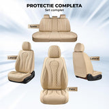 Set 5 Huse Scaune Auto Elindor® Universale, Husa pentru Protectie Sezut si Spatar Scaun Fata si Bancheta Spate, Impermeabila, Piele Nappa, Accesorii Masina Huse Interior, Bej