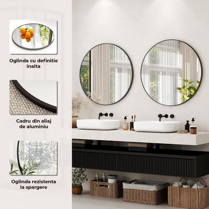 Oglinda Rotunda Neagra Elindor® Decorativa, Moderna si Eleganta, Reflexie HD, Sticla fara Distorsiuni, Ideala pentru Dormitor, Living, Birou, Dressing, Hol, Rama Metalica, Diametru 105 cm