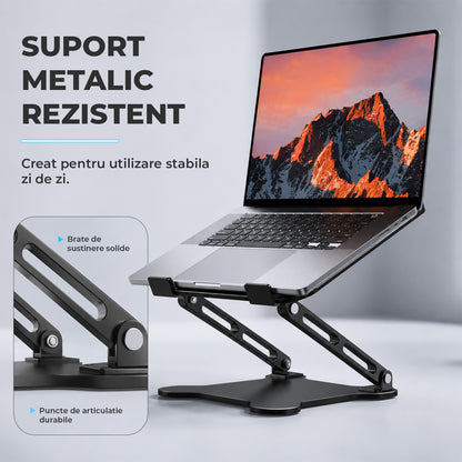 Suport Ergonomic Elindor® pentru Laptop si Tableta, Masa Portabila, Stand cu Baza Reglabila pe Inaltime, Universal, Baza Antiderapanta, Compatibil cu Laptopuri de 10-15.6 Inch, Ideal pentru Birou, Acasa, Calatorii, Negru