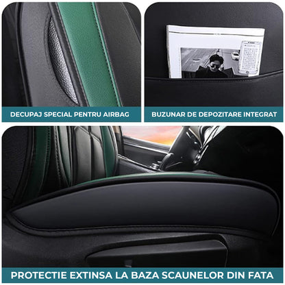 Set 5 Huse Scaune Auto Elindor® Universale, Husa pentru Protectie Sezut si Spatar Scaun Fata si Bancheta Spate, Impermeabila, Piele Ecologica, Accesorii Masina Huse Interior, Verde Inchis
