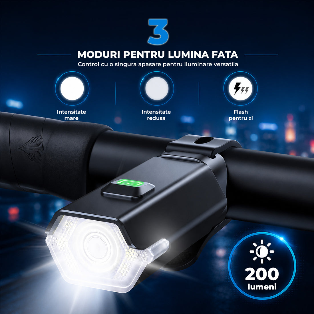 Set Lumini pentru Bicicleta Elindor®, Far Fata si Stop Spate LED, 9 Moduri de Iluminare, Incarcare USB-C, Impermeabil IP65, Faruri cu Acumulator Reincarcabil, Accesorii Bicicleta, Montare Rapida, Negru