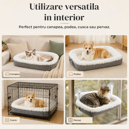 Pat Confortabil pentru Caini si Pisici Elindor® Tip Cuib pentru Relaxare, Dreptunghiular, Culcus Moale Antiderapant, Potrivit pentru Caine si Pisica de Talie Mica si Medie, Ideal in Orice Anotimp, in Casa, 61 x 51 cm, Gri