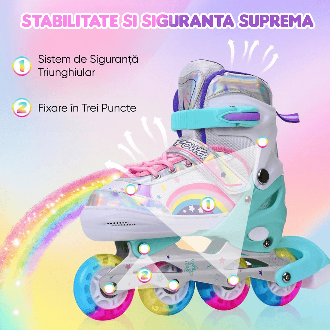 Role Reglabile pentru Copii și Adulți, 4 Roți Luminoase, Curcubeu, Mărimea 32-35 M