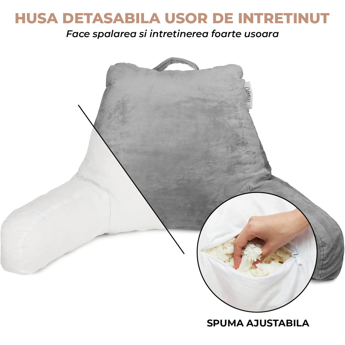 Perna Ortopedica de Citit Elindor® pentru Pat, Perna din Spuma Memorie, Suport Spate, Cap, Brate, Post-Operator, Anti-Reflux, Antisforait, Antirid, 65 × 46 × 28 cm, Gri
