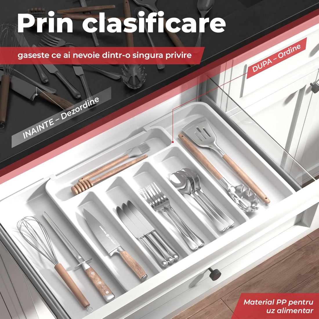 Organizator Extensibil Elindor® pentru Tacamuri si Ustensile de Bucatarie, 7 Compartimente, Sertar Extensibil 31 × 21.5 × 4 cm, Suport Ajustabil pentru Cutite, Linguri, Furculite, Alb