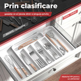 Organizator Extensibil Elindor® pentru Tacamuri si Ustensile de Bucatarie, 7 Compartimente, Sertar Extensibil 31 × 21.5 × 4 cm, Suport Ajustabil pentru Cutite, Linguri, Furculite, Alb