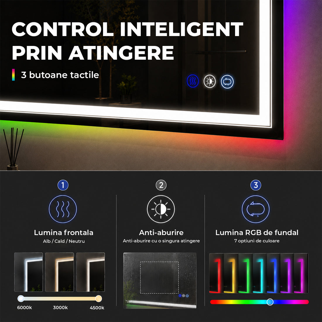 Oglinda de Perete Elindor® Antiaburire, Dreptunghiulara, Montare pe Orizontala, fara Rama, Ideala pentru Baie, Iluminare Led RGB, Buton ON/OFF Luminat si Noaptea, Rezistenta la Umiditate IP44, 100 x 60 cm