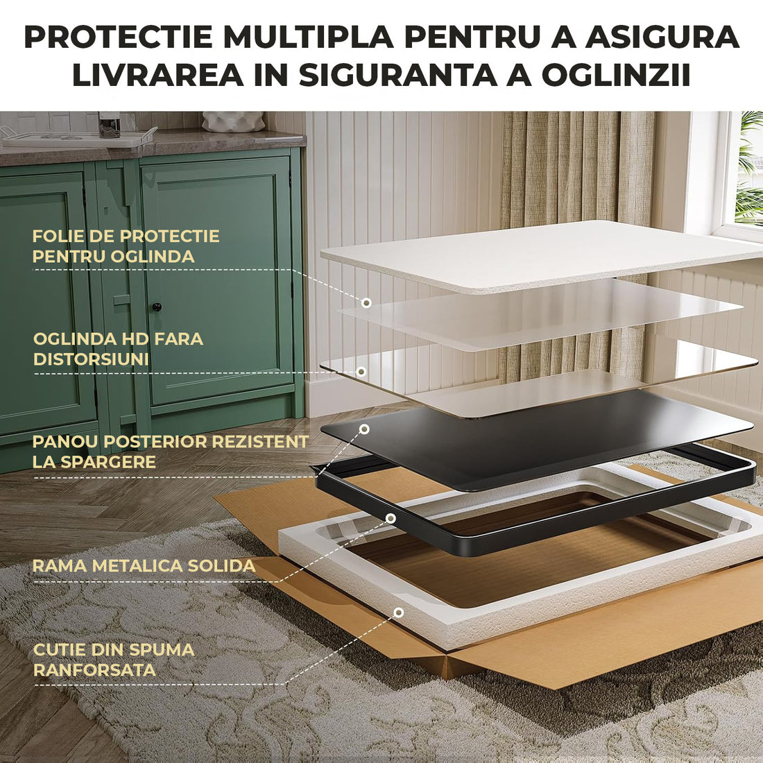 Oglinda Decorativa 90x60 cm Elindor® Agatare pe Perete sau Sprijinita, Rama Neagra, Dreptunghiulara, Colturi Rotunjite, Moderna si Eleganta, Reflexie HD, Sticla fara Distorsiuni, Ideala pentru Dormitor, Living, Birou, Dressing, Hol, Baie