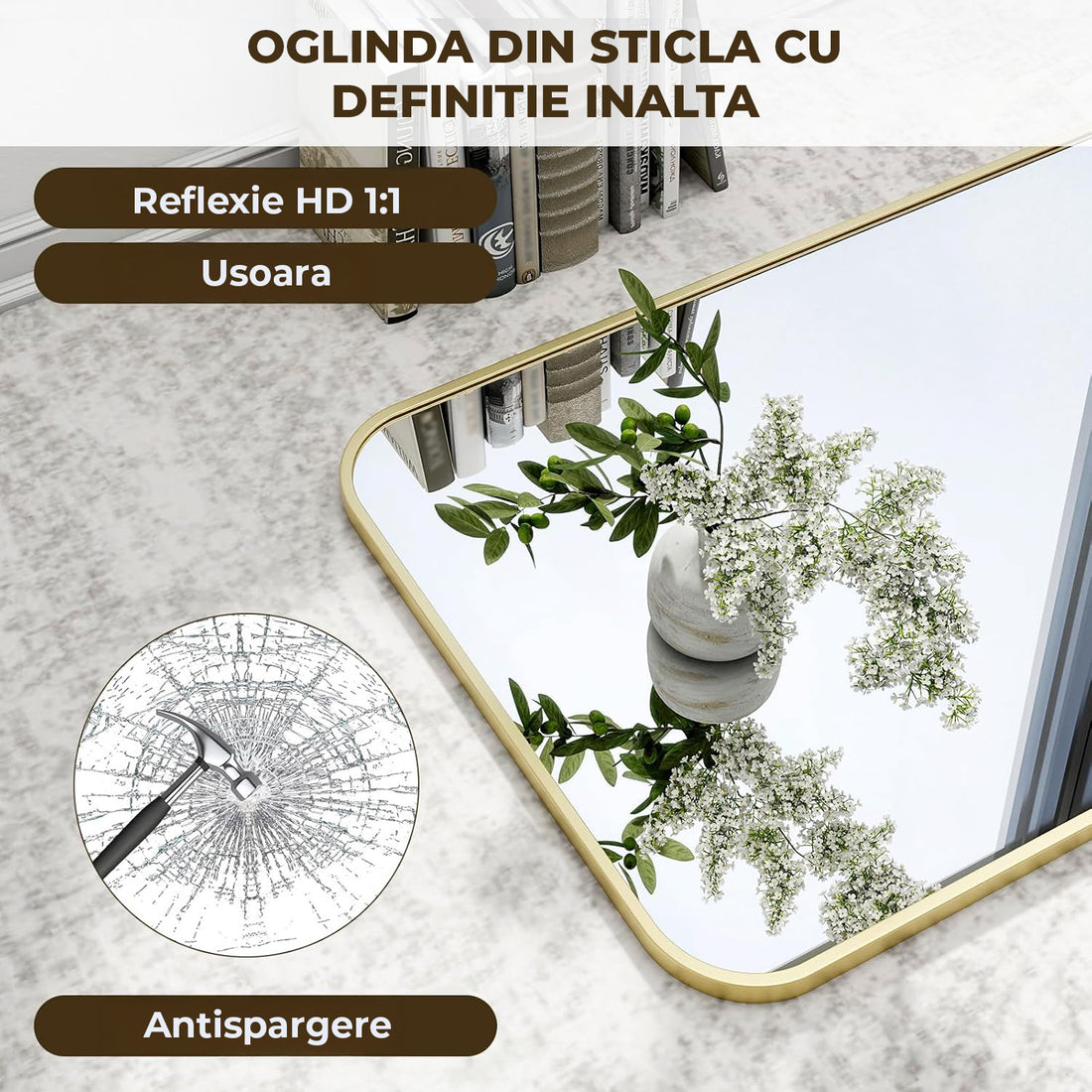 Oglinda Decorativa Elindor® 122x75cm Rama Aurie, Agatare pe Perete sau Sprijinita, Dreptunghiulara, Colturi Rotunjite, Moderna si Eleganta, Reflexie HD, Sticla fara Distorsiuni, Ideala pentru Dormitor, Living, Birou, Dressing, Hol, Baie