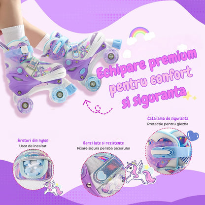 Role Reglabile Elindor® pentru Copii si Adulti, 4 Roti Luminoase din Silicon Quad, Rulmenti ABEC-7, Frana Fata, Aluminiu / Poliuretan, Patine cu Rotile pentru Fete, Baieti, Dama, Marimea L, 37-39