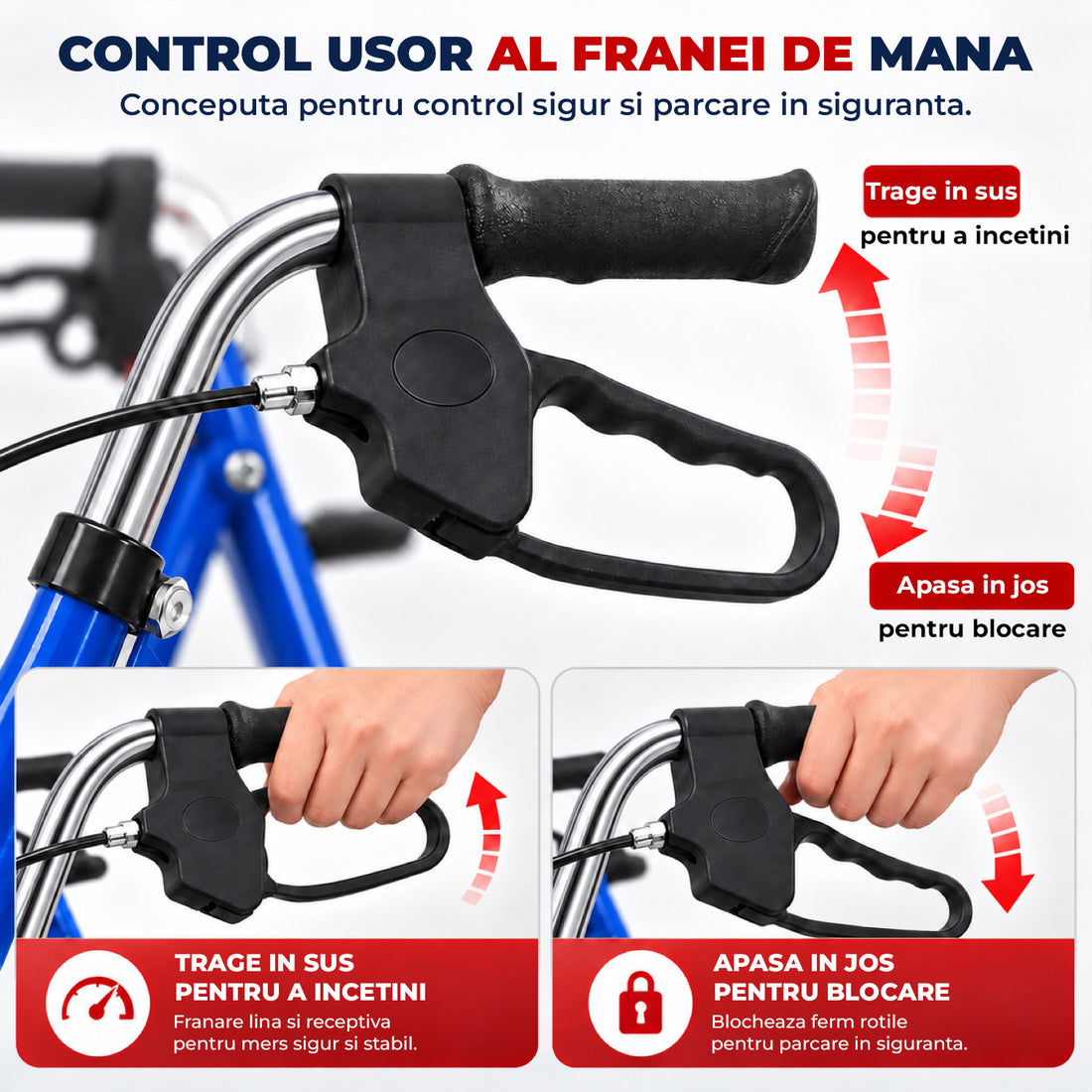 Cadru de Mers Elindor®, Pliabil, cu 4 Roti, Sezut Captusit, Spatar, Frane de Mana cu Blocare, Manere Reglabile pe 4 Niveluri, Cos Depozitare, pentru Persoanele cu Dificultati Locomotorii sau in Etate, Sarcina 120 kg, Albastru