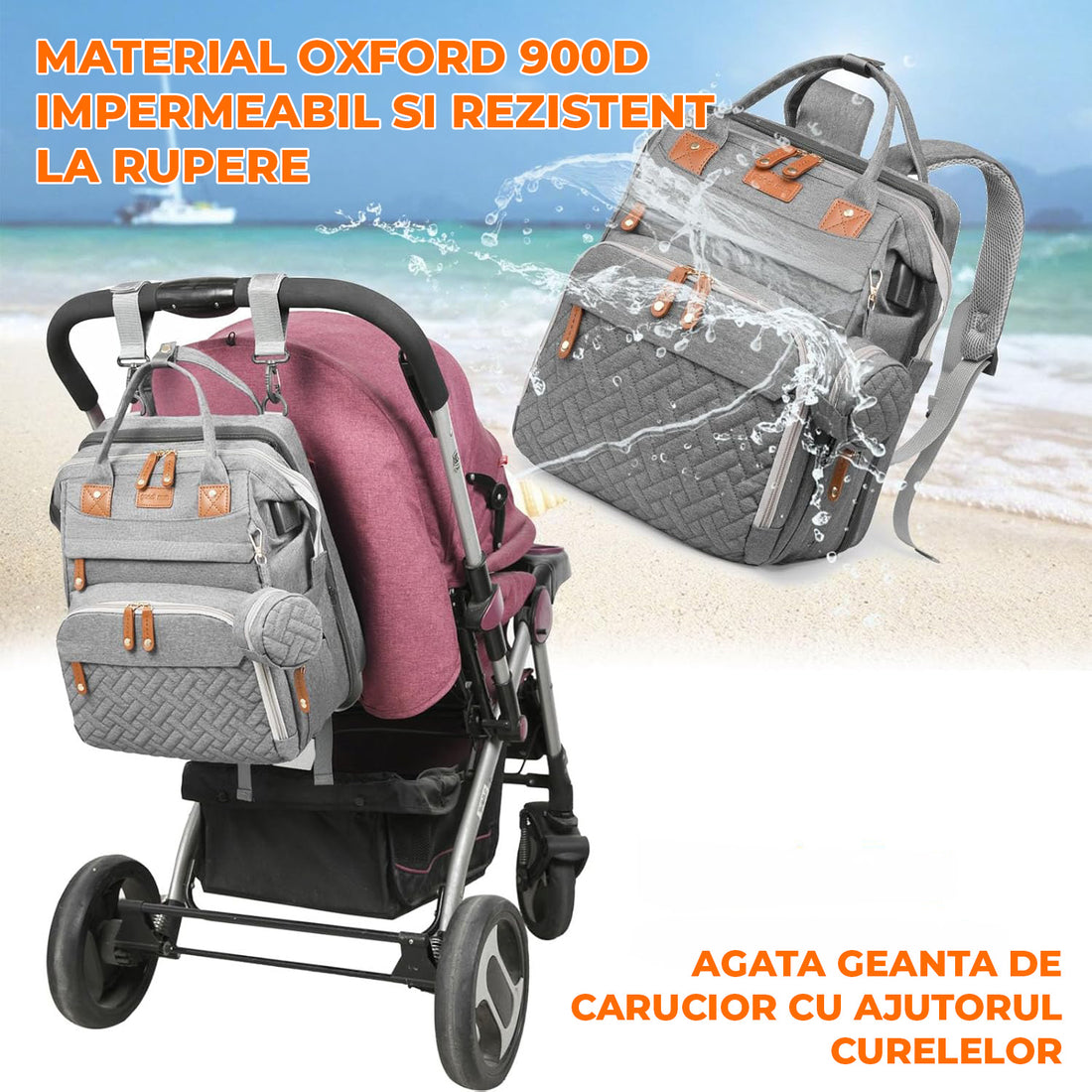 Geanta Scutece Elindor®, Rucsac pentru Bebelusi cu Masa de Schimbare Portabila, Port USB si 19 Buzunare Organizare, Material Oxford 900D Impermeabil, 43 × 30.5 × 24 cm, Gri