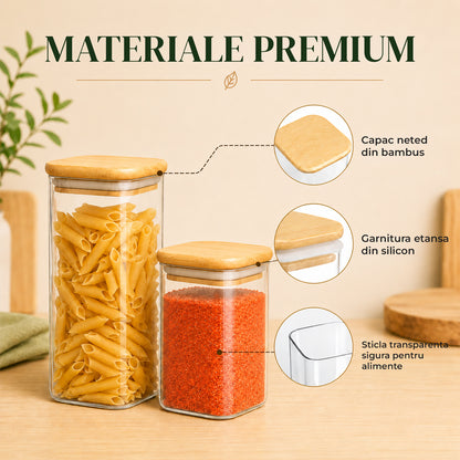Set 12 Borcane din Sticla Elindor® cu Capac Ermetic din Bambus, Borcan 1000 - 600 ml, Marker si Etichete Incluse, Ideal pentru Condimente, Fructe Uscate, Zahar, Cafea, Recipient Depozitare in Bucatarie, 20.5-12.5 × 8 cm, Transparent
