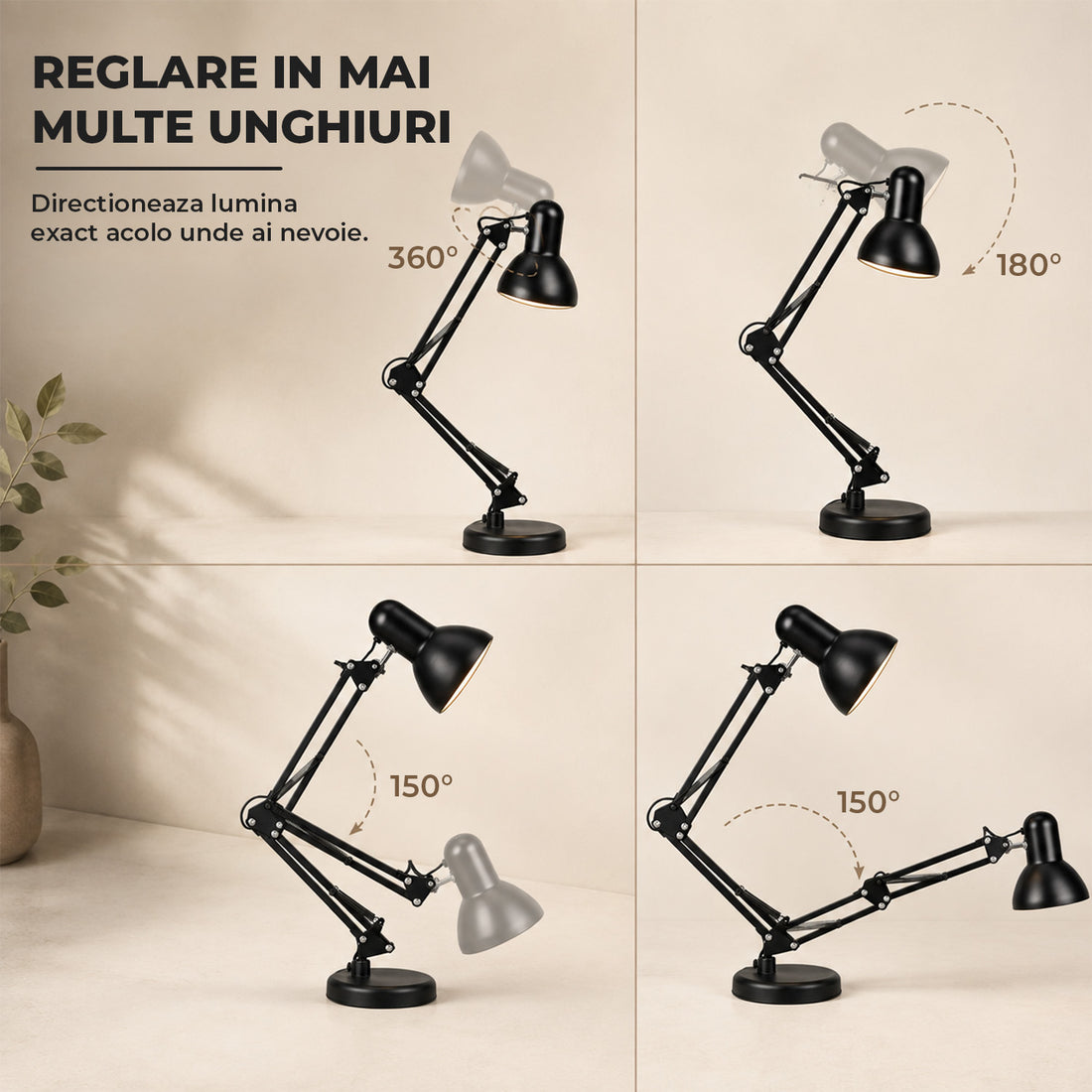 Lampa de Birou Elindor® Neagra cu LED, 3 Moduri Lumina Camera Rece/Cald si 10 Intensitati, Soclu Compatibil E26/E27, Veioza cu 2 Moduri de Utilizare cu Clema sau pe Birou, Brat Reglabil, Protectie pentru Ochi