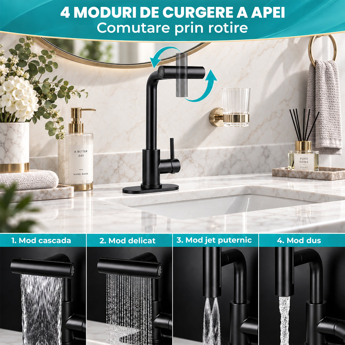 Baterie Chiuveta Baie Neagra Elindor® Robinet de Apa, Modern cu Pipa Extractibila, 4 Tipuri de Jet: Cascada, Delicat, Jet Puternic si Dus, Monocomanda, Rotativ 360°, pentru Bucatarie, Otel Inoxidabil SUS304, Finisaj Mat
