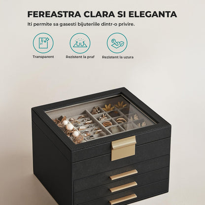Cutie de Bijuterii Elindor® cu Capac, Organizator 4 Niveluri, 3x Sertar, Spatiu de Depozitare Inel, Verighete, Lantisoare, Bratari, Cercei, Caseta din Material Catifelat, Design Rafinat, Simplu si Elegant, Piele Ecologica Neagra, 23×20x16