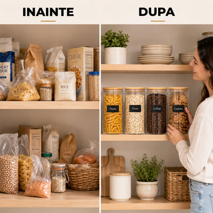 Set 4 Borcane din Sticla Elindor® cu Capac Ermetic din Bambus, Borcan 1400 ml, Marker si Etichete Incluse, Ideal pentru Condimente, Fructe Uscate, Cafea, Zahar, Recipient Depozitare in Bucatarie, 20 × 10 cm, Transparent