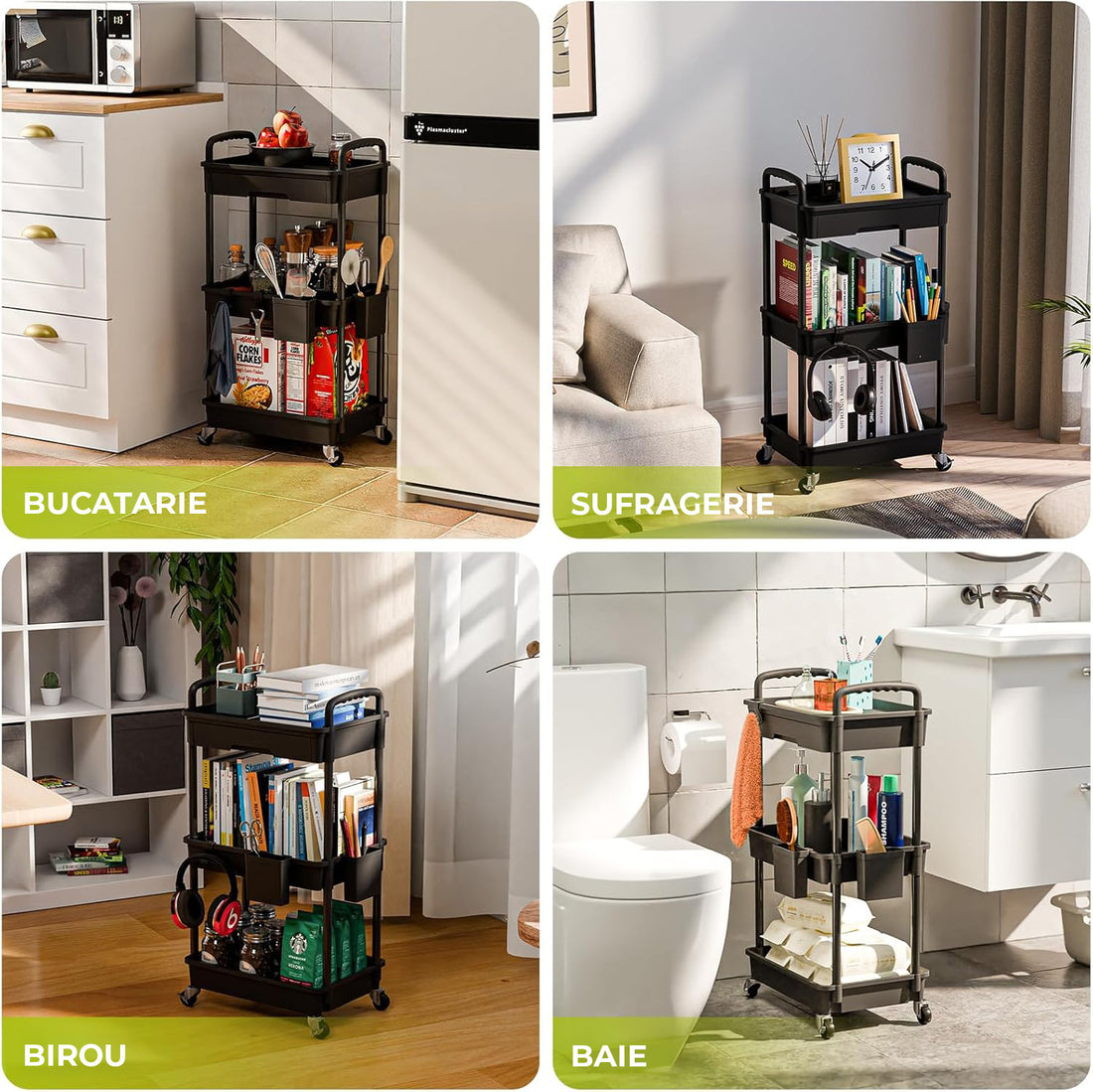 Carucior Organizator 3 Niveluri Elindor®, cu 1 Sertar si Roti 360°, Organizator Bucatarie, Multifunctional, Raft Mobil Organizare Baie, Camara, Birou, Bar,38 x 27 × 74 cm, Negru