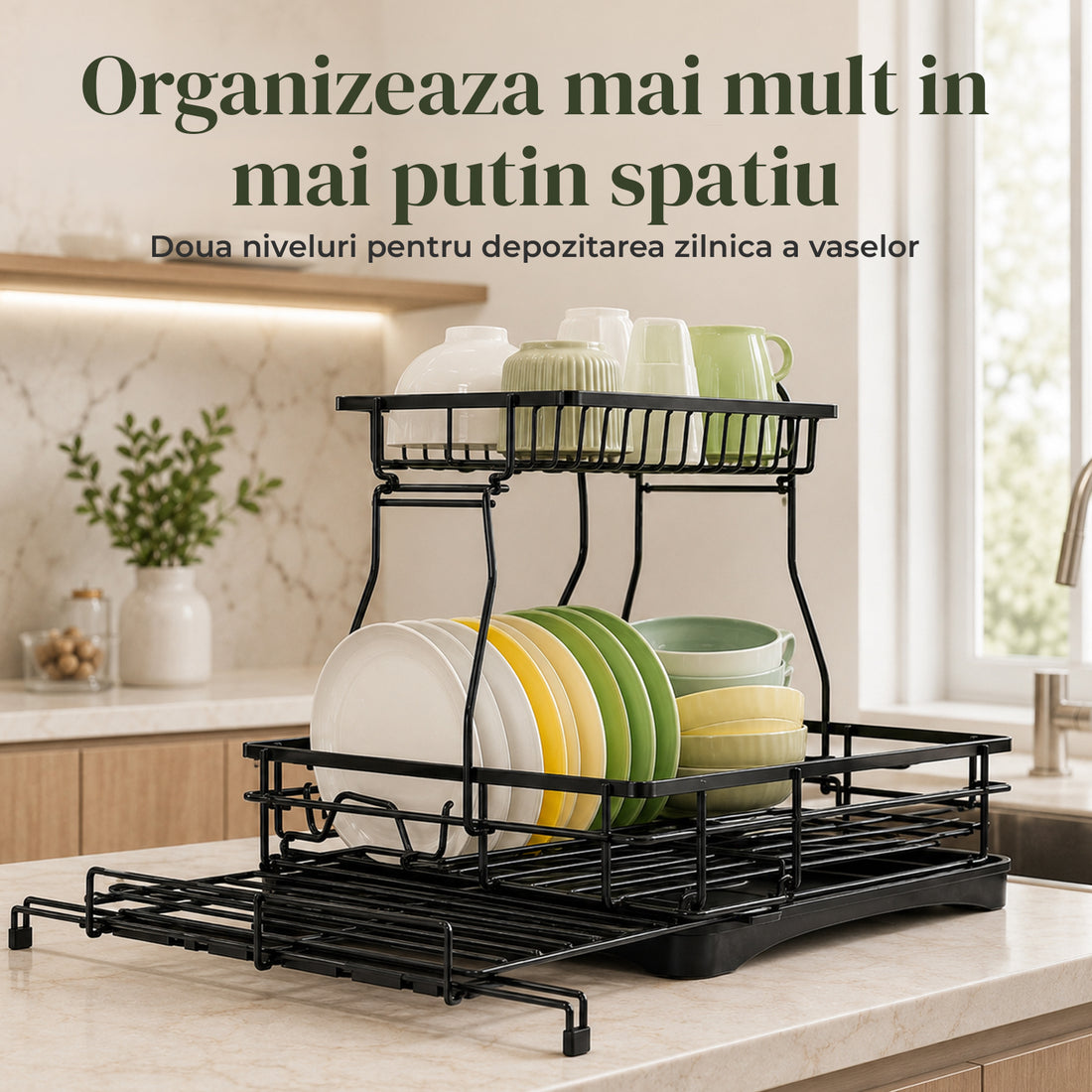 Scurgator de Vase Extensibil Elindor®, Suport Farfurii Chiuveta, Uscator Vesela, Tacamuri, Capace, Oale, Tigai, Pahare, Tocator, Tava din Plastic cu Scurgere Automata, Organizator Bucatarie Multifunctional, Otel Carbon, 54 x 42 x 37.5 cm, Negru
