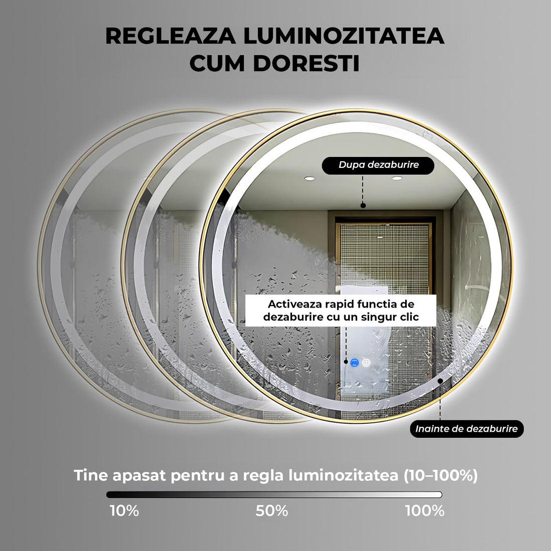 Oglinda de Perete Elindor® Rotunda, Antiaburire, cu Rama Aurie, Ideala pentru Baie, Iluminare Led, 3 Culori Lumina, Dimabila, Buton ON/OFF Luminat si Noaptea, Rezistenta la Umiditate IP44, 60 x 60 cm