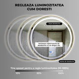 Oglinda de Perete Elindor® Rotunda, Antiaburire, cu Rama Aurie, Ideala pentru Baie, Iluminare Led, 3 Culori Lumina, Dimabila, Buton ON/OFF Luminat si Noaptea, Rezistenta la Umiditate IP44, 60 x 60 cm