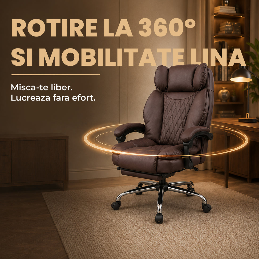 Scaun de Birou Elindor® Ergonomic, Design Contemporan, Scaun cu Spatar si Manere, din Piele PU cu Suport pentru Picioare si Lombar, cu Roti, Inaltime Reglabila 119 - 126.5 cm, Maro Inchis