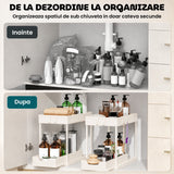 Organizator Multifunctional Elindor® pe 2 Niveluri, Sertar Glisant Organizare, pe Blat sau in Dulap sub Chiuveta, 16 Carlige, pentru Bucatarie, Baie, Camara, Bar, Raft cu Sertare Depozitare Legume, Detergenti, Parfumuri, 39.5x21.6x39 cm, Alb