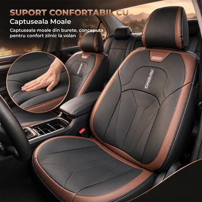 Set 5 Huse Scaune de Masina Elindor®, Huse Auto Piele, Impermeabile, Universale, Protectie Scaun Fata si Spate, Montaj Rapid, Accesorii Masina Interior, Negru / Maro