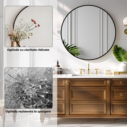 Oglinda Rotunda 70 cm Rama Neagra Elindor® Decorativa, Moderna si Eleganta, Reflexie HD, Sticla fara Distorsiuni, Ideala pentru Dormitor, Living, Birou, Dressing, Hol