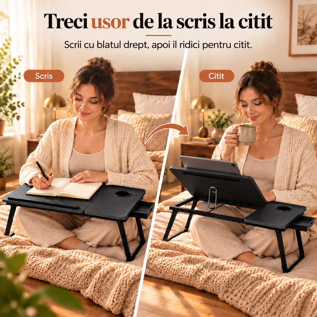 Masa Pliabila pentru Laptop Elindor® cu Suport Pahar, Antiderapanta, Unghiuri de Inclinare, Usor de Depozitat, Birou Portabil Utilizare in Orice Loc, Ideala la Munca sau Mic Dejun la Pat, Negru