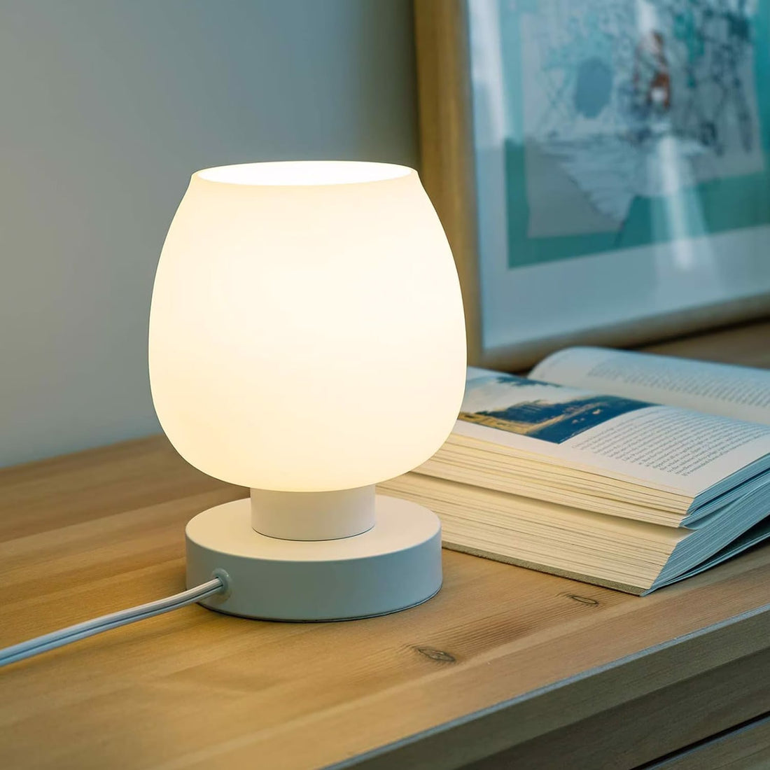 Veioza Dormitor si Birou, Design Modern Minimalist cu Bec LED de Lumina Calda Inclus, 3 Moduri de Functionare, Control prin Atingere