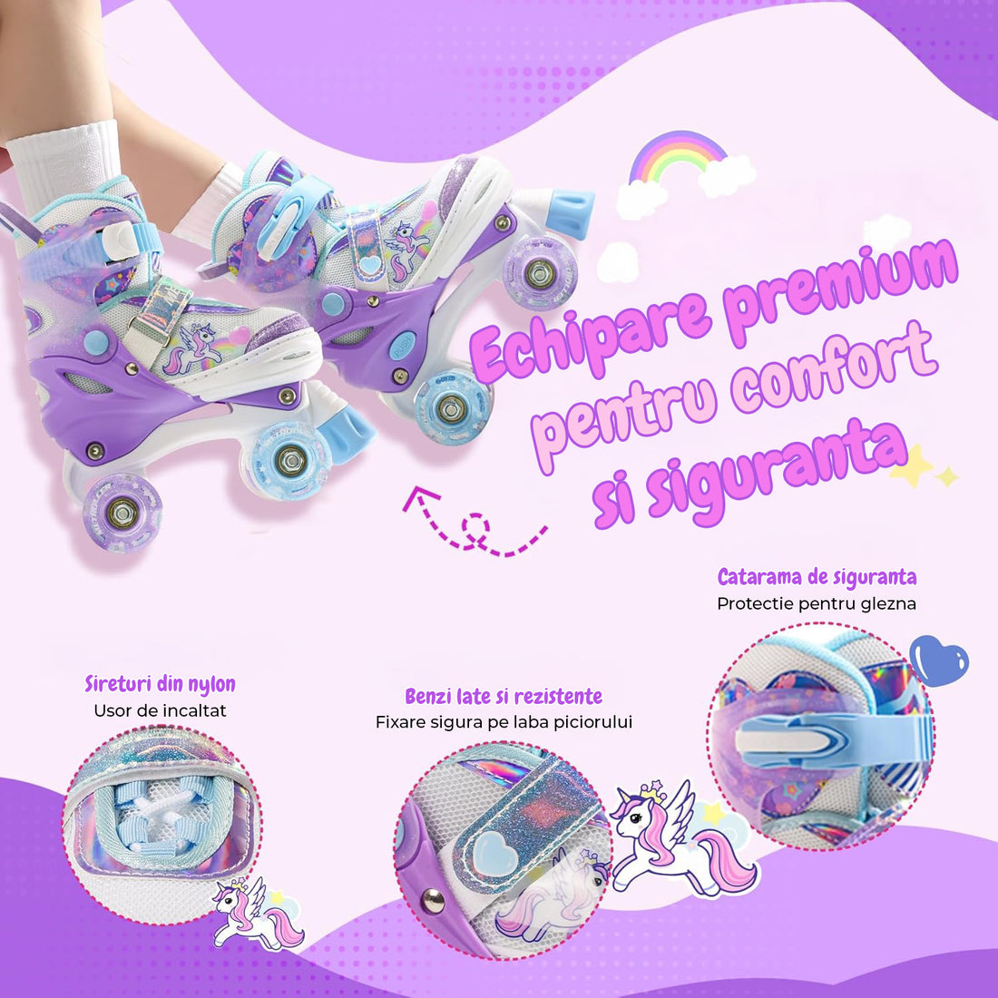 Role Reglabile Elindor® pentru Copii si Adulti, 4 Roti Luminoase din Silicon Quad, Rulmenti ABEC-7, Frana Fata, Aluminiu / Poliuretan, Patine cu Rotile pentru Fete, Baieti, Dama, Marimea M, 32-36