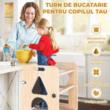 Turn de Invatare Elindor®, Design 3 in 1 Multifunctional pentru Copii, Scaun Montessori Pliabil cu Tabla de Scris, Bare pentru Protectie, Lemn Pin, Antialunecare, pentru Interior, 88 x 32 x 43 cm, Bej / Natur