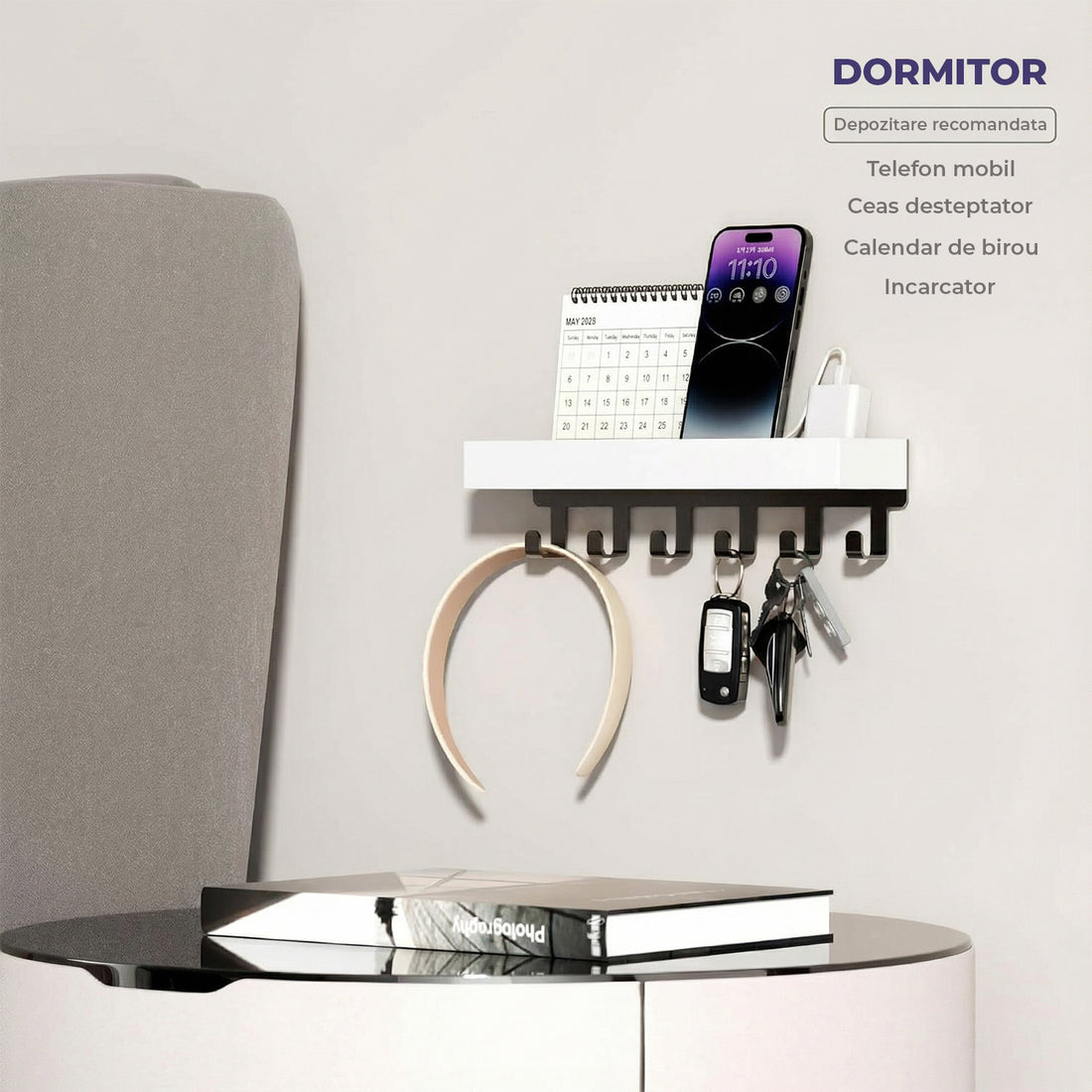 Suport pentru Chei din Lemn Elindor® pentru Perete, cu 6 Carlige, Maontare cu Adeziv sau Suruburi, Compact si Durabil, pentru Hol, Sufragerie, Bucatariei, Dormitor, 25 x 6 x 6 cm, Alb