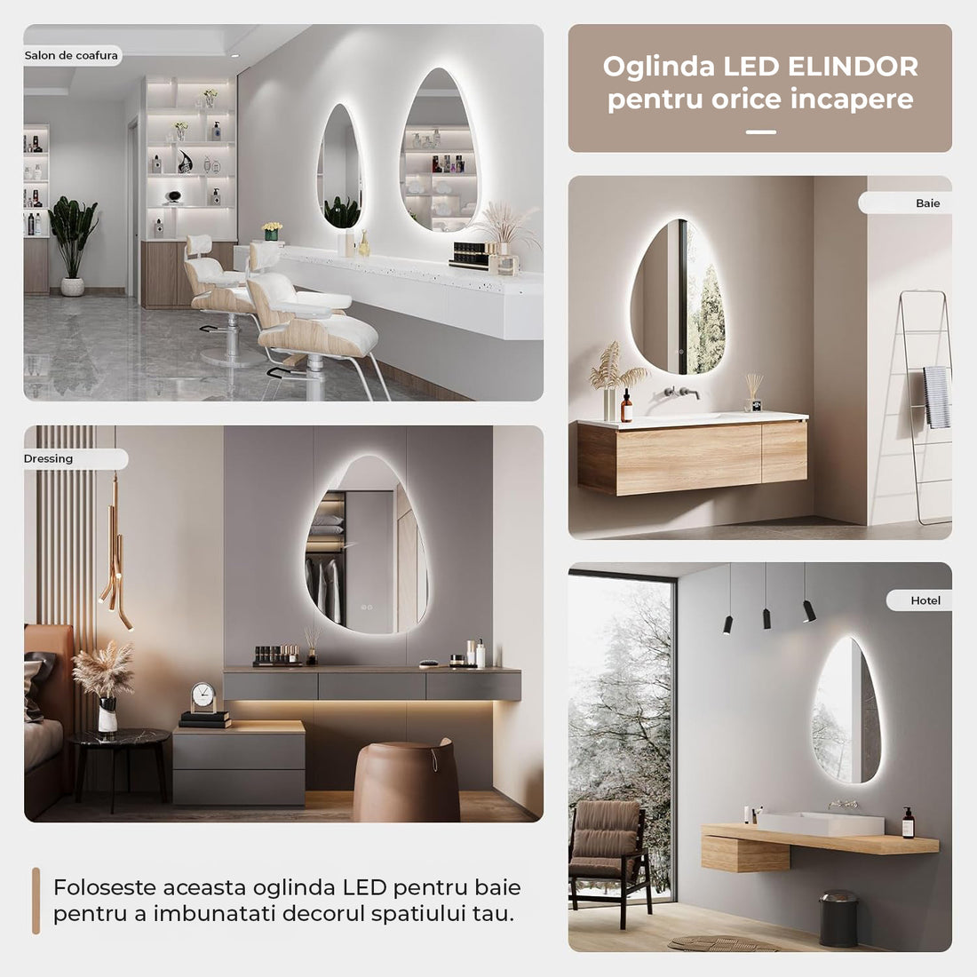 Oglinda de Perete Elindor® Asimetrica, fara Rama, Decorativa, Verticala / Orizontala, Eleganta, Ideala pentru Baie, Birou, Hol, Living, Dressing, Iluminare Led, Intensitate Ajustabila, Antiaburire, Temperatura de Culoare 4500K, 80 x 55 cm