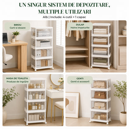 Organizator 4 Nivele Elindor® Carucior cu Roti, Modular, Ajustabil, Raft Mobil Organizare Baie, Camara, Birou, Bar, Dulap pentru Depozitare Legume, Fructe, Detergenti, Parfumuri, Haine, 4x Cutie Detasabila, 38 x 27 x 84 cm, Transparent