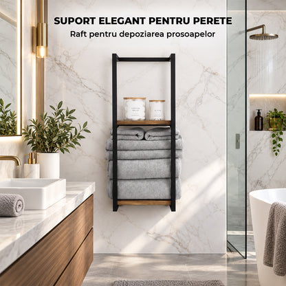 Raft Prosop Elindor® Etajera Prosoape Dus, Suport Organizare Perete sau Podea, Organizator Baie, Polita din Otel Carbon si Lemn, 77 x 28.5 x 14 cm, Negru