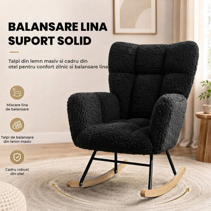 Fotoliu Balansoar Elindor® cu Spatar, Ergonomic, Cadru Solid din Otel, Ideal pentru Living, Dormitor, Camera Copilului, 68 x 88 x 93 cm, Negru