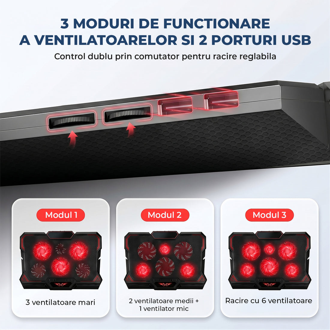 Cooler Laptop Gaming RGB Elindor® Suport cu Unghi Reglabil, Dimensiuni Compatabile 12-17.3 Inch, 6 Ventilatoare Puternice si Silentioase 26dB, Viteza Ajustabila, 2 Porturi USB, pentru Birou, Calatorii, 41.7 × 30 × 3 cm, Negru