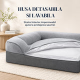 Pat pentru Caini Elindor® cu Saltea Ortopedica, Culcus din Spuma Cu Memorie pentru Caine de Talie Medie si Mare, Suport pentru Cap si Gat, Husa Detasabila, Antiderapant, Marimea L, 88.5 x 63 x 15 cm, Gri