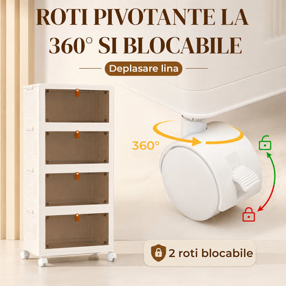 Organizator 4 Nivele Elindor® Carucior cu Roti, Modular, Ajustabil, Raft Mobil Organizare Baie, Camara, Birou, Bar, Dulap pentru Depozitare Legume, Fructe, Detergenti, Parfumuri, Haine, 4x Cutie Detasabila, 39 x 28 x 78.5 cm, Alb