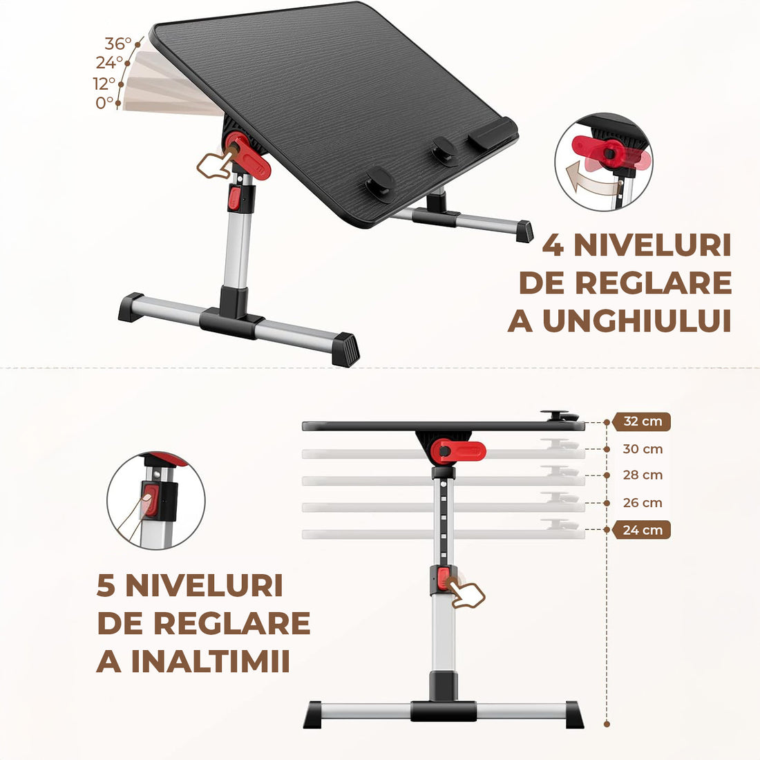 Masa Pliabila pentru Laptop Elindor® Antiderapanta, 4 Unghiuri de Inclinare, 5 Niveluri Inaltime, Birou Portabil Utilizare in Orice Loc, Ideala la Munca sau Mic Dejun la Pat, 60 × 33 × 24 cm, Negru