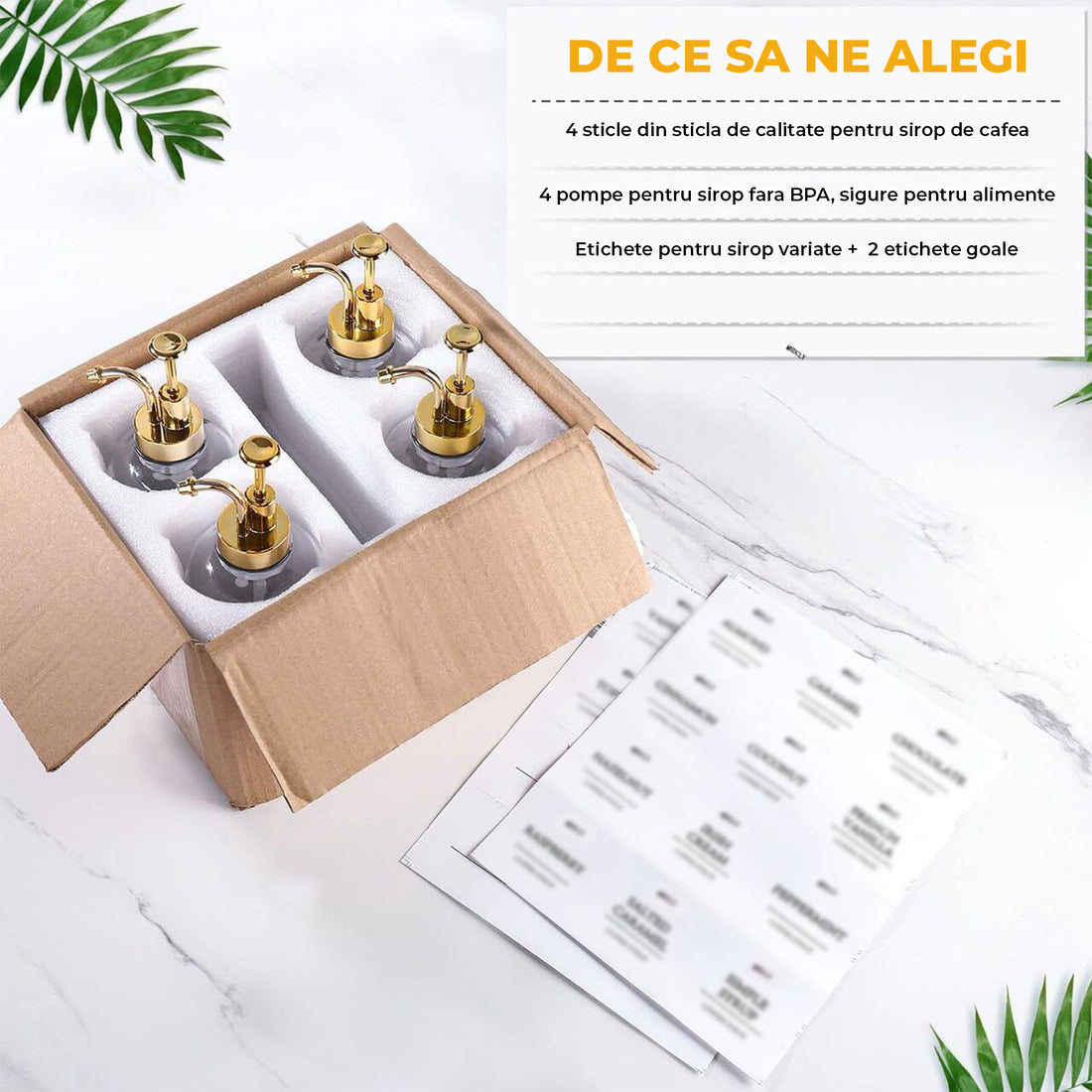 Set 4 Dispensere Sirop Cafea Elindor® din Sticla cu Pompa Aurie Inox si Plastic, Organizator Bucatarie, Organizatoare Sertar, Recipient 500 ml, 22 × 8.1 cm, Transparent