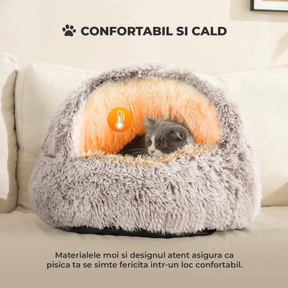 Pat Confortabil pentru Caini si Pisici Elindor® Rotund, Culcus Moale Antiderapant, Potrivit pentru Caine si Pisica de Talie Mica si Medie, Ideal in Orice Anotimp, in Casa, 60 × 60 × 16 cm, Gri / Bej