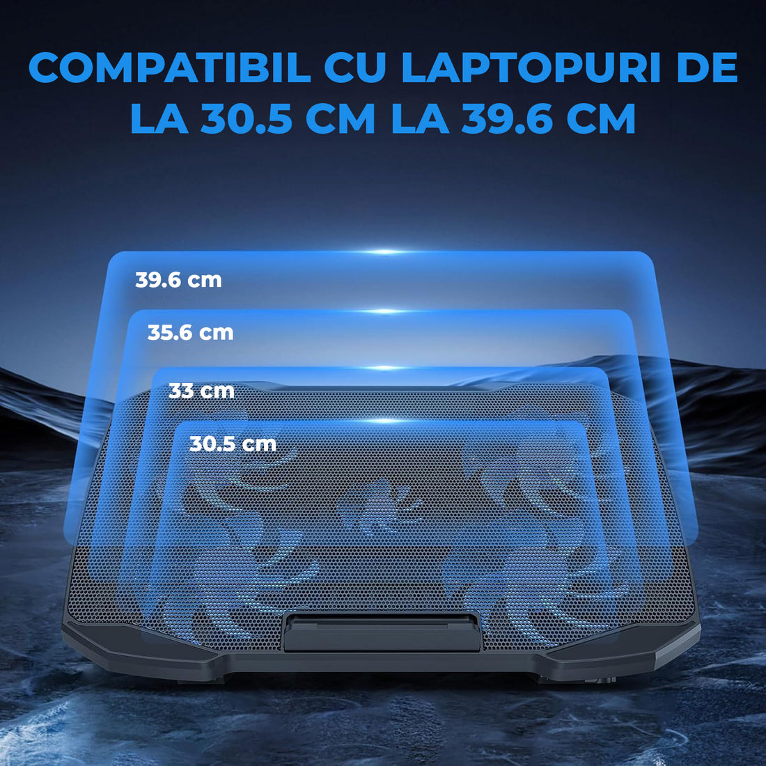 Cooler Laptop Gaming RGB Elindor® Suport cu Unghi Reglabil pe 5 Nivele, Viteza Ajustabila, Dimensiuni Compatabile 12-15.6 Inch, 5 Ventilatoare Puternice si Silentioase, 2 Porturi USB, Suport Telefon, pentru Birou, Calatorii, 36 × 25.5 × 2.7 cm, Negru