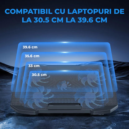 Cooler Laptop Gaming RGB Elindor® Suport cu Unghi Reglabil pe 5 Nivele, Viteza Ajustabila, Dimensiuni Compatabile 12-15.6 Inch, 5 Ventilatoare Puternice si Silentioase, 2 Porturi USB, Suport Telefon, pentru Birou, Calatorii, 36 × 25.5 × 2.7 cm, Negru