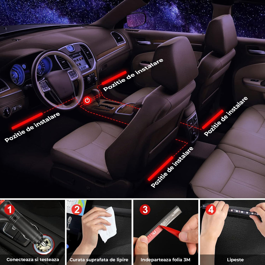 Kit Lumini Ambientale Auto Elindor® Banda LED RGB, Control Wireless cu Telecomanda, 4 Bare cu Leduri cu Sincronizare Muzica, Timer, USB, Lumini Personalizabile, Accesorii Masina Interior 12V