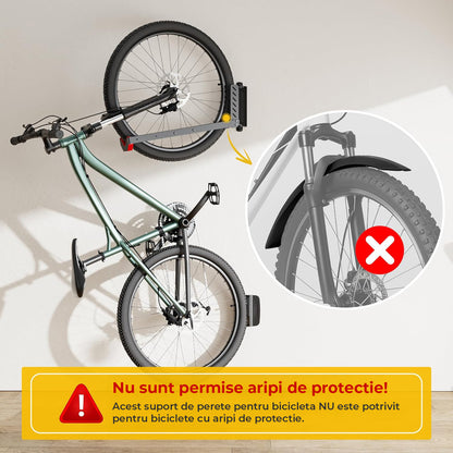 Suport Bicicleta de Perete Elindor®, Suport Vertical pentru Depozitare Bicicleta cu Rotire 120°, Baza Metalica din Otel Carbon, Reglaj 3 Trepte, Suporta pana la 35 kg, 43.8 × 11.8 × 30.7 cm, Negru