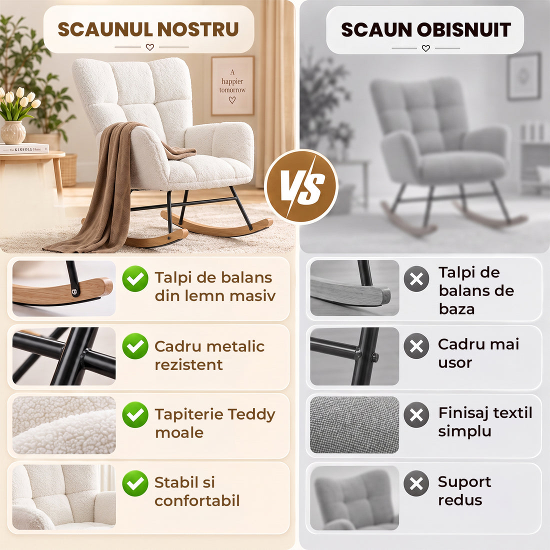 Fotoliu Balansoar Elindor® cu Spatar, Ergonomic, Cadru Solid din Otel, Ideal pentru Living, Dormitor, Camera Copilului, 68 x 88 x 93 cm, Alb